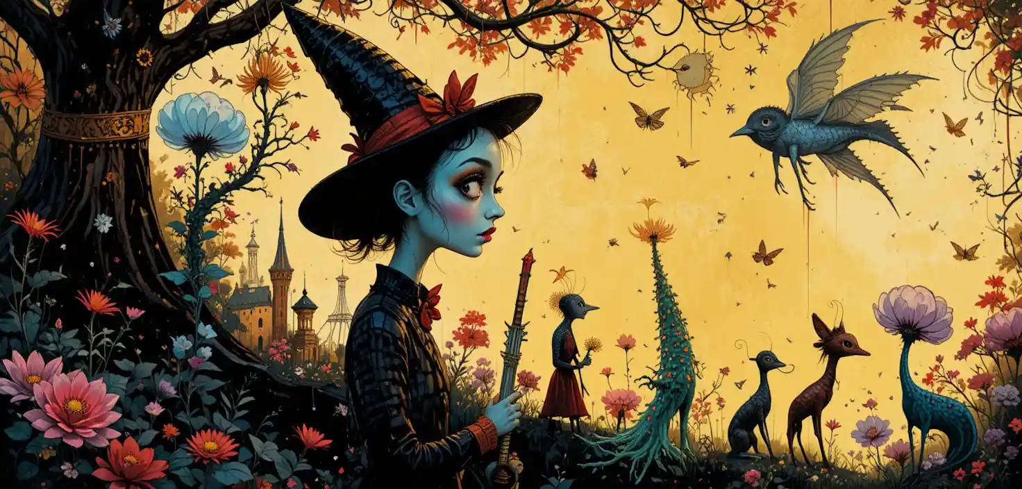 Whimsical wonderland poster with quirky fantasy creatures