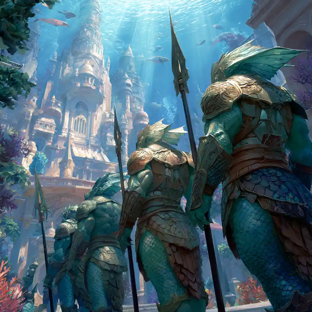 Elite merfolk guards defending a majestic underwater city