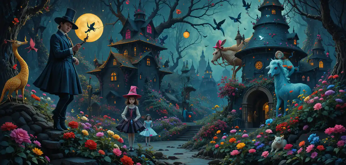 Whimsical fantasy characters in a colorful graphic wonderland