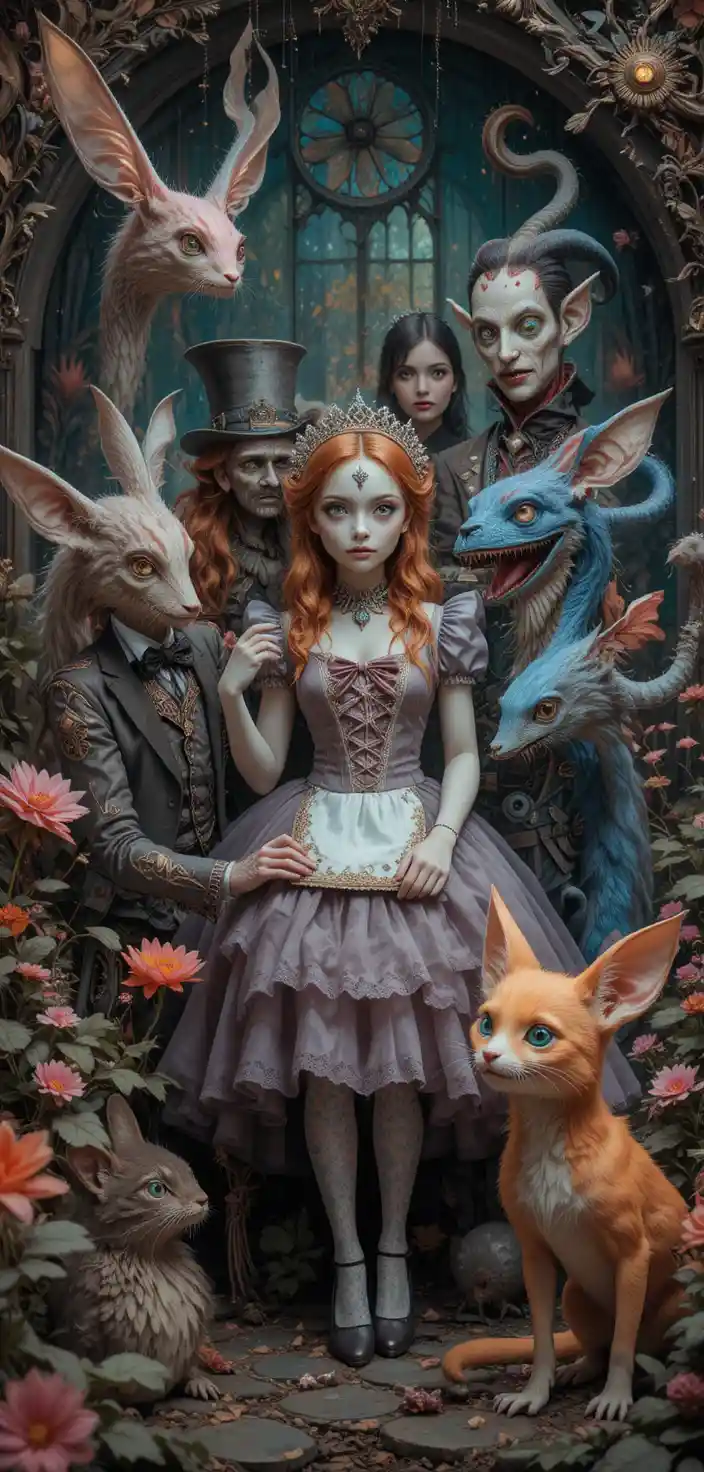 Whimsical eighties fantasy creatures in a colorful wonderland