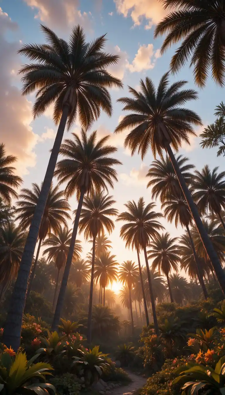 Palme incantate che brillano nel caldo cielo estivo dell’alba