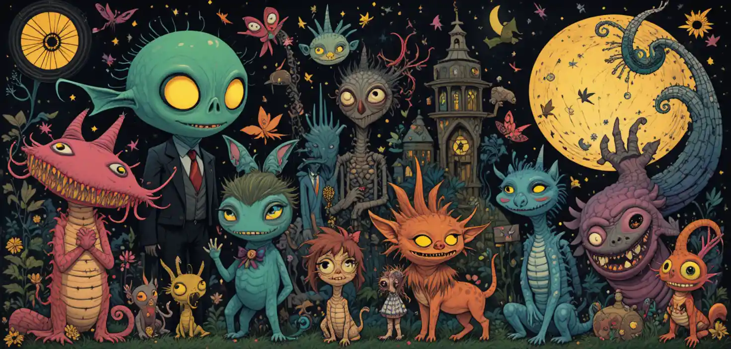 Whimsical fantasy characters in bold retro graphic style