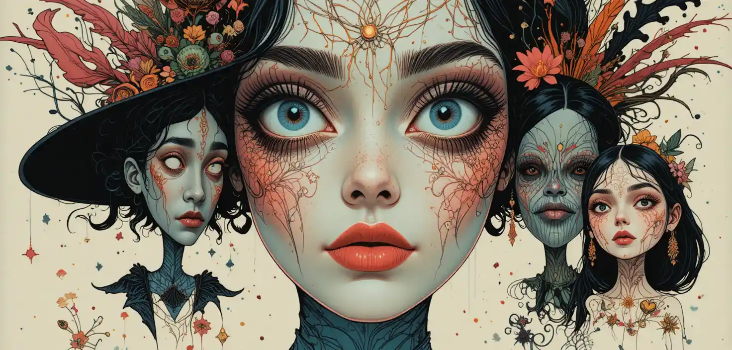 Whimsical fantasy characters in bold retro graphic style