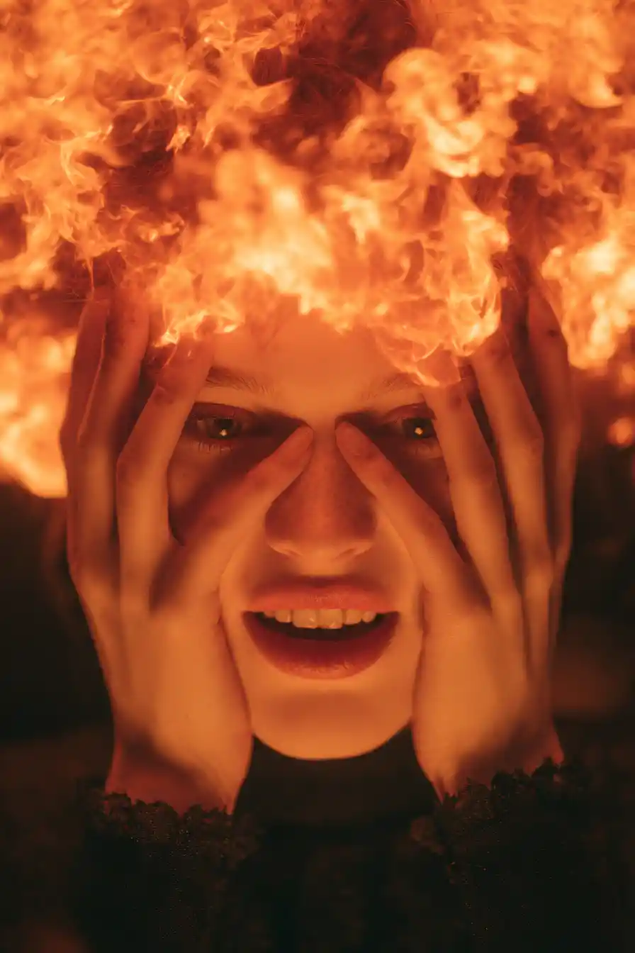 Woman consumed by pyromania and hidden inner tension