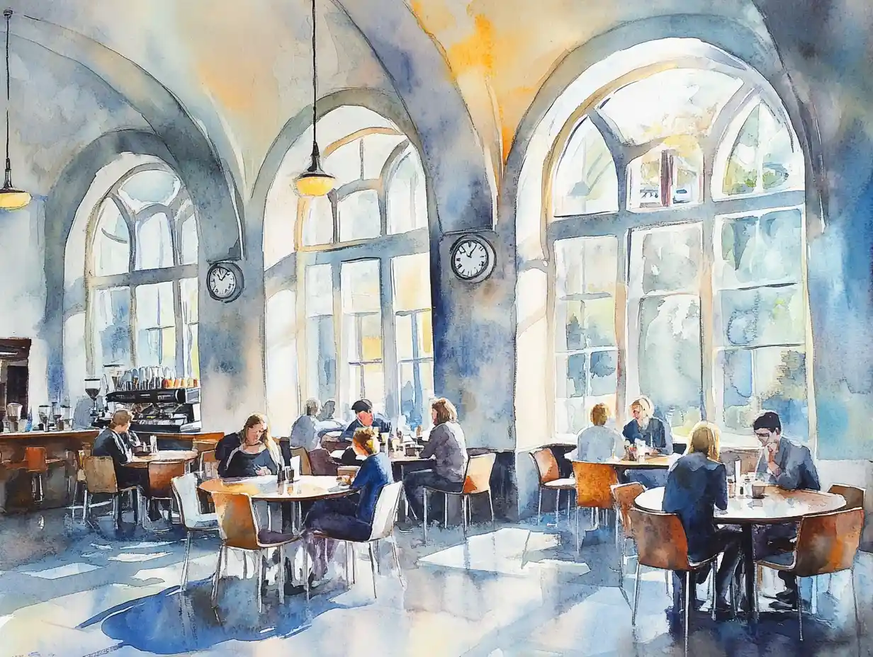 Interno di caffè ad acquerello con persone che sorseggiano caffè ai tavoli