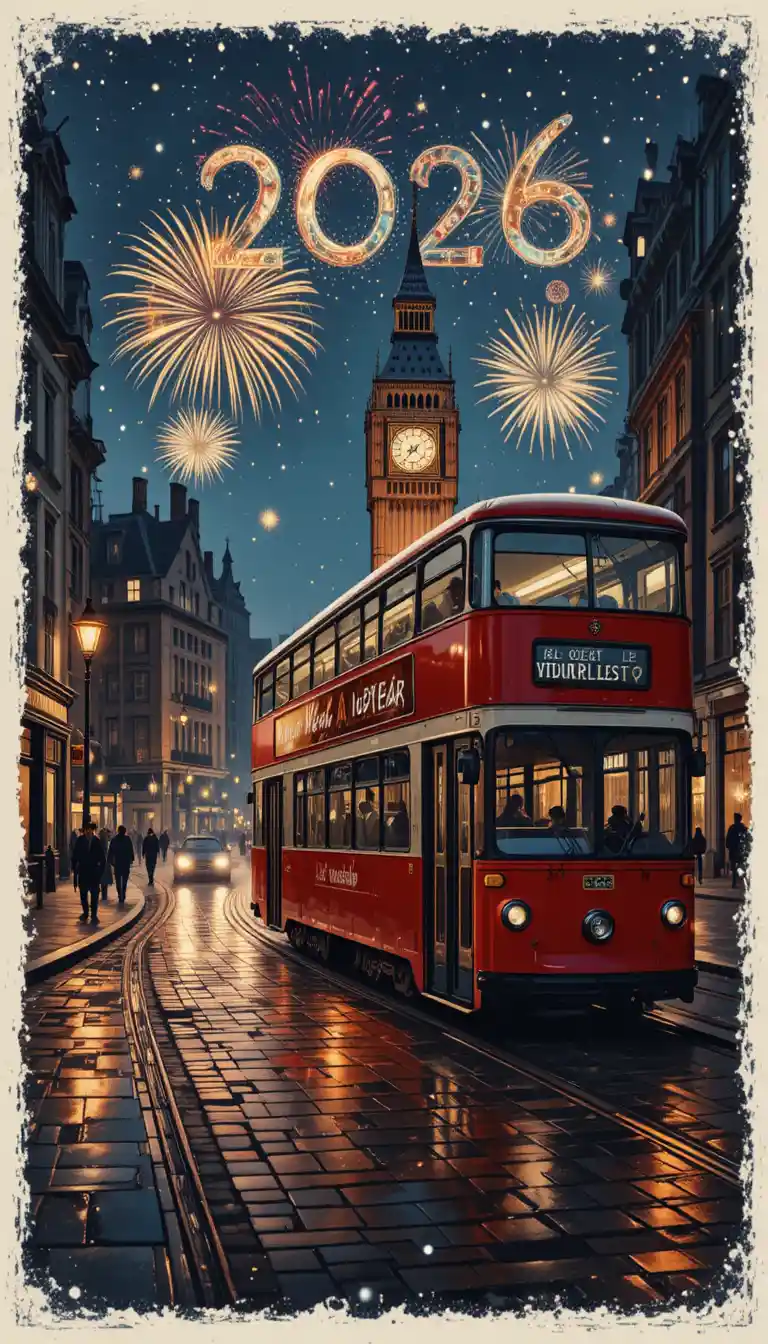 Vintage London tram passing Big Ben on festive night