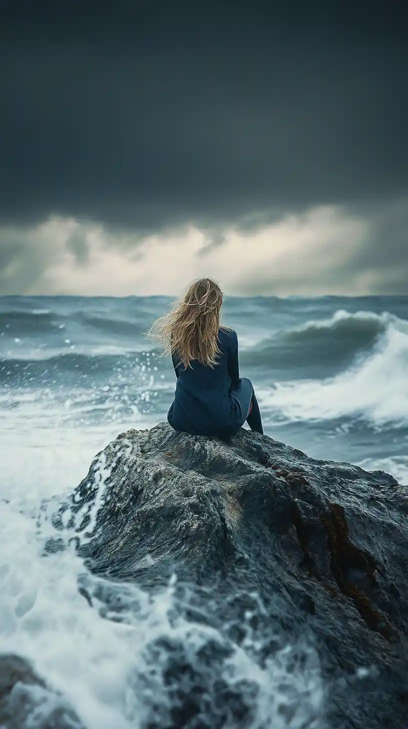 Woman on a rocky shore gazing over stormy sea