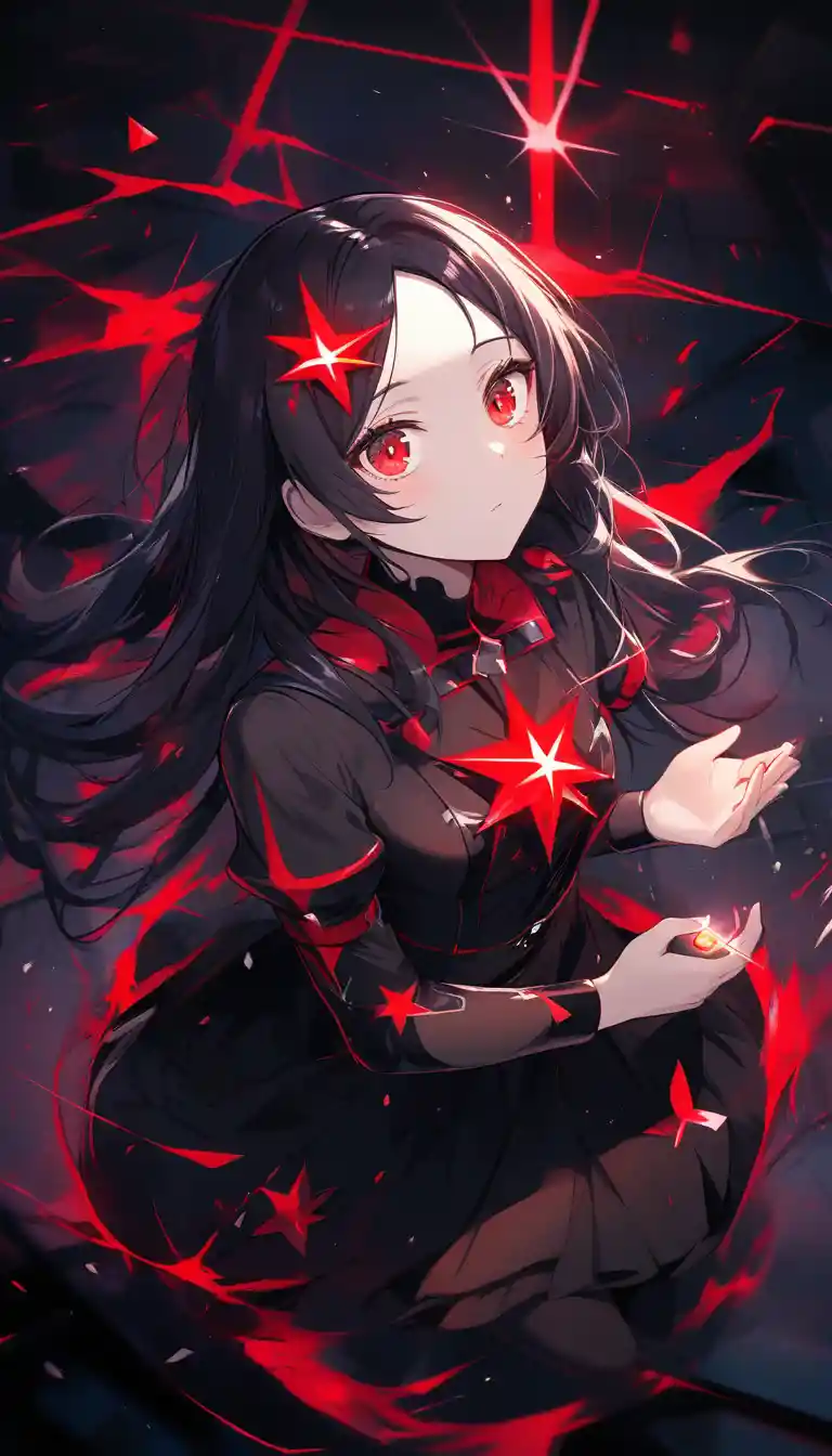 Ragazza anime seria in abito nero tra stelle rosse luminose