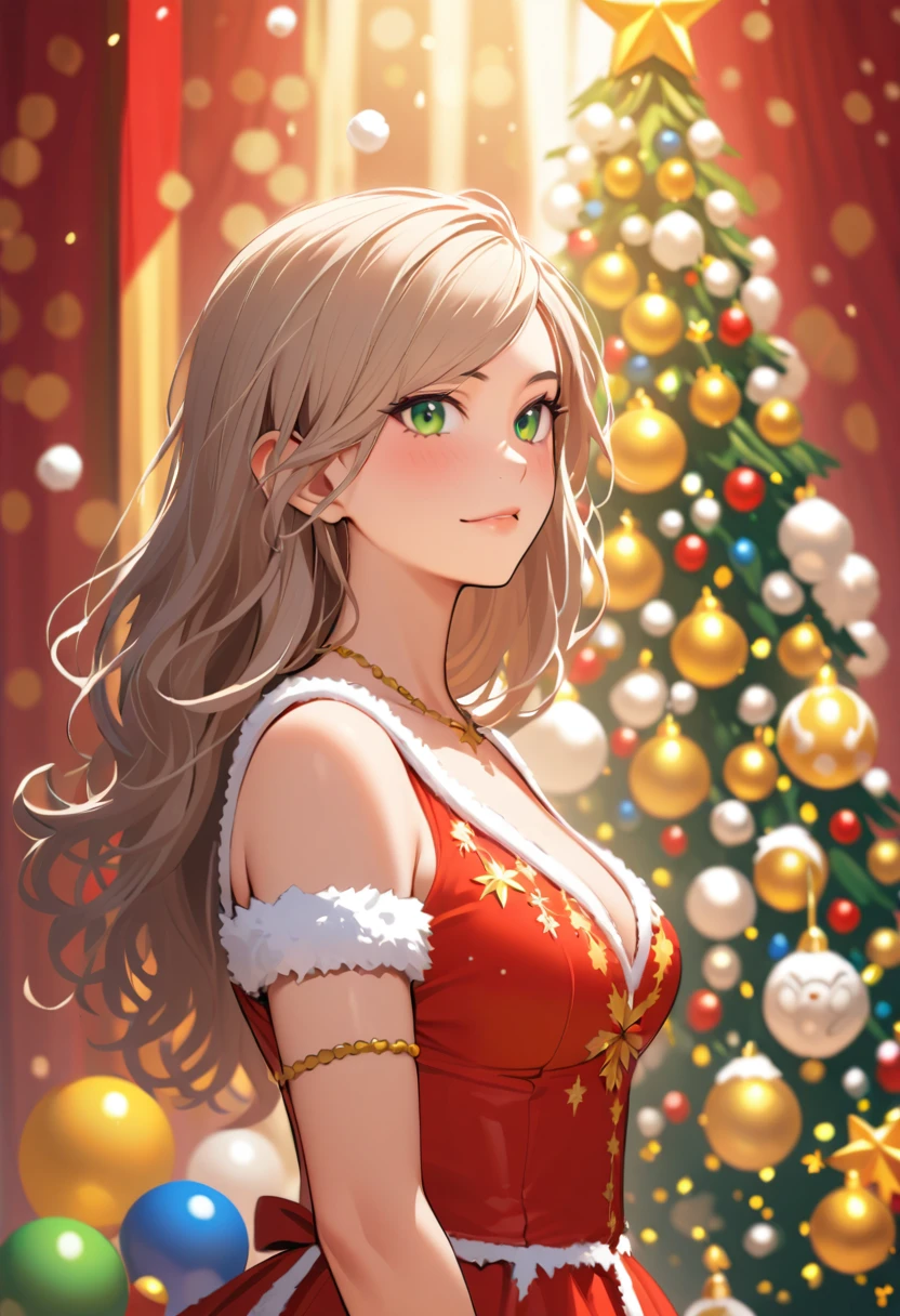 Mulher de anime com vestido de Natal vermelho ao lado de uma árvore brilhante