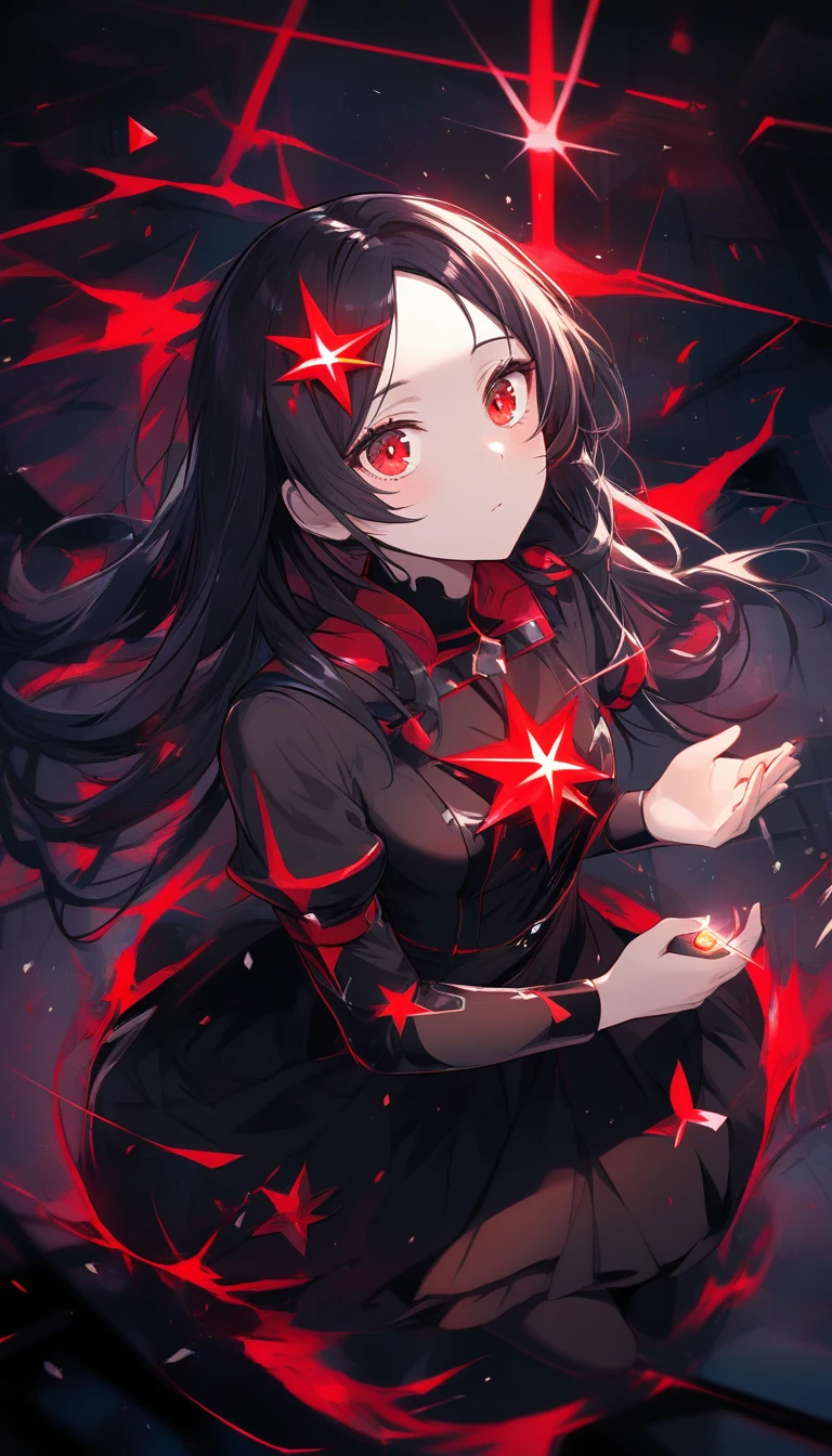 Ernstes Anime-Mädchen im schwarzen Kleid zwischen leuchtend roten Sternen