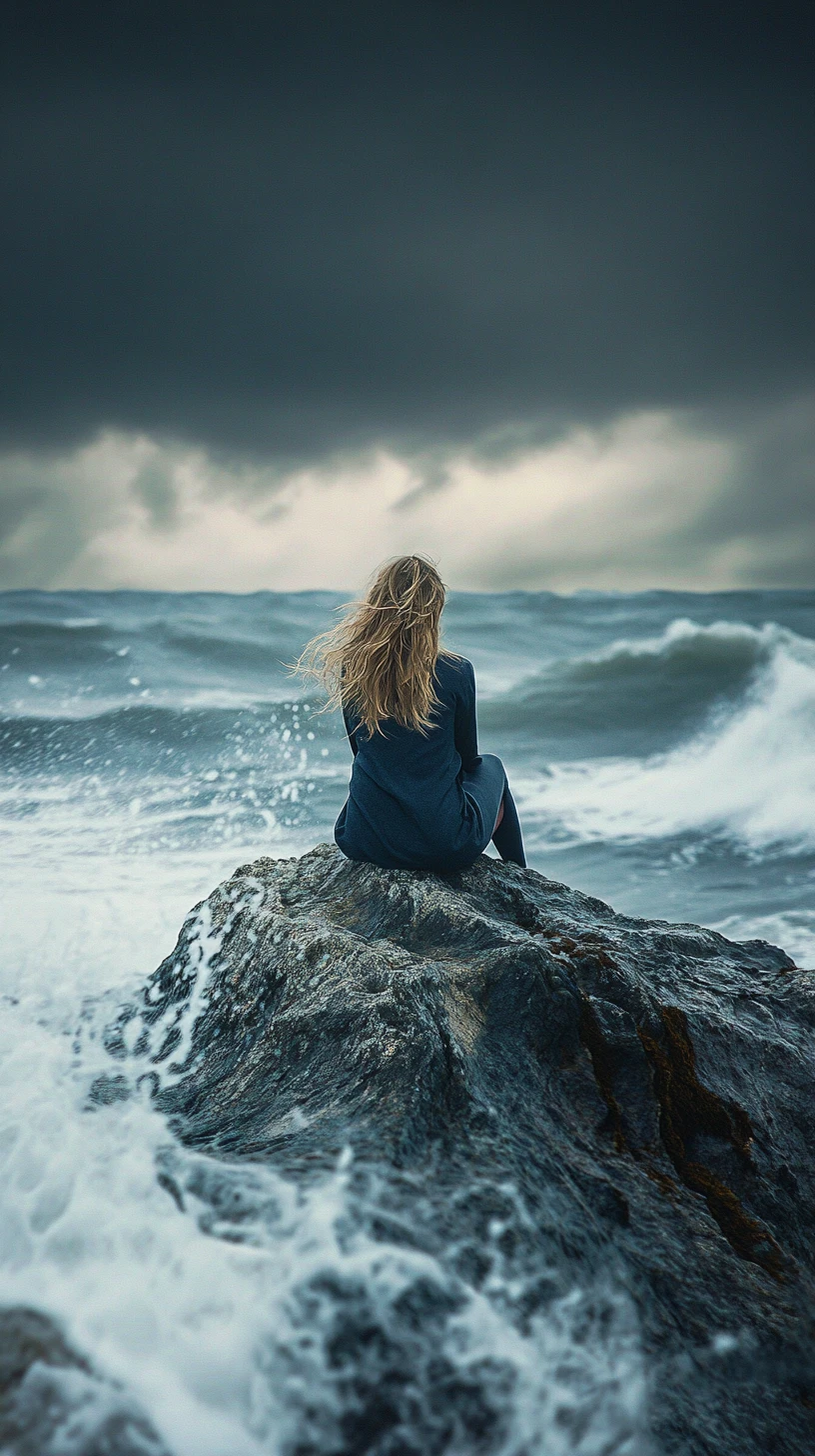 Woman on a rocky shore gazing over stormy sea