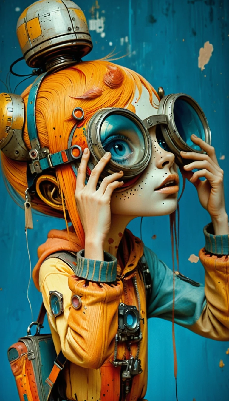 Playful expressionist portrait with orange hair and goggles