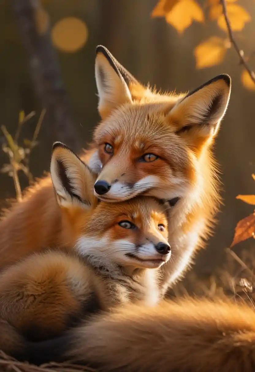 Mutterfuchs kuschelt ihr winziges Baby im warmen Licht