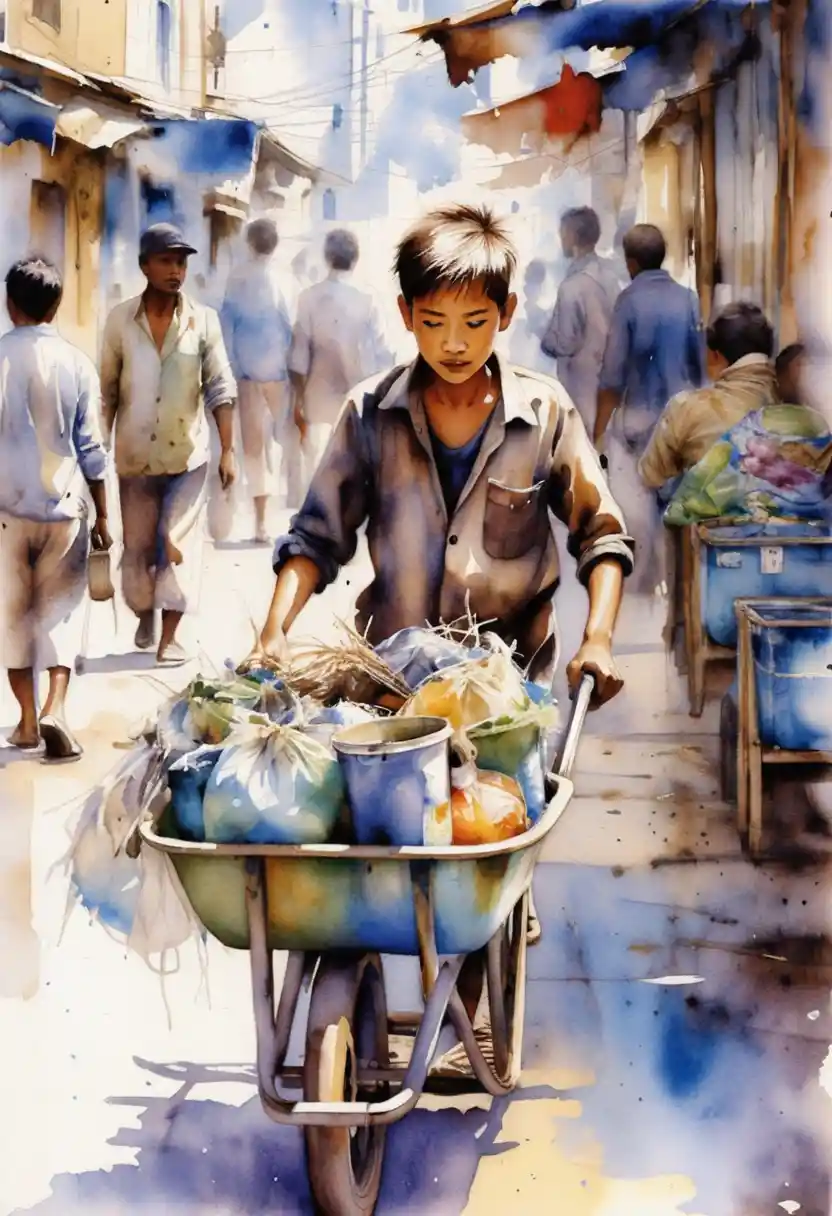 Watercolor street scene with child pushing a loaded cart