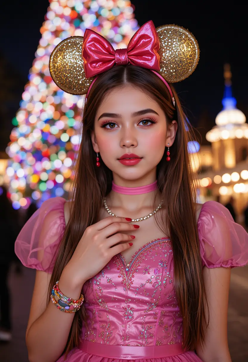 Tween boy dressed as girl by Disneyland Christmas tree