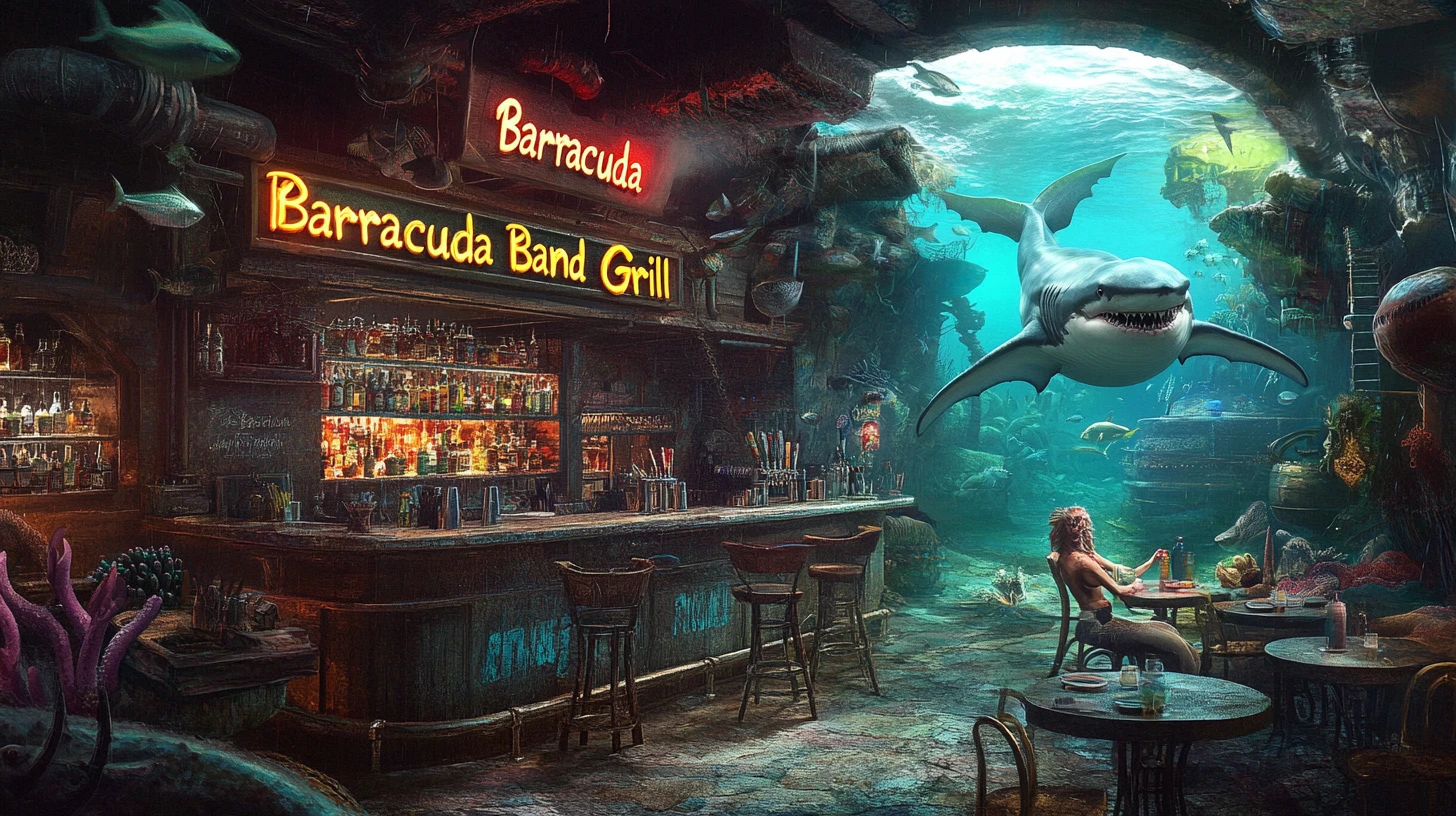 Rustic underwater bar with mermaid waitress and sea patrons