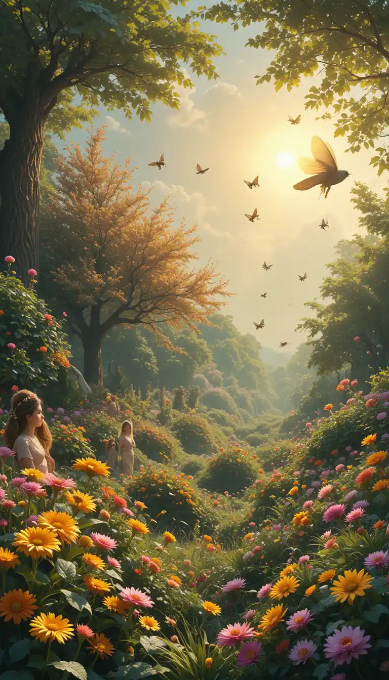 Jardin fantastique ensoleillé avec fées, oiseaux, abeilles et papillons