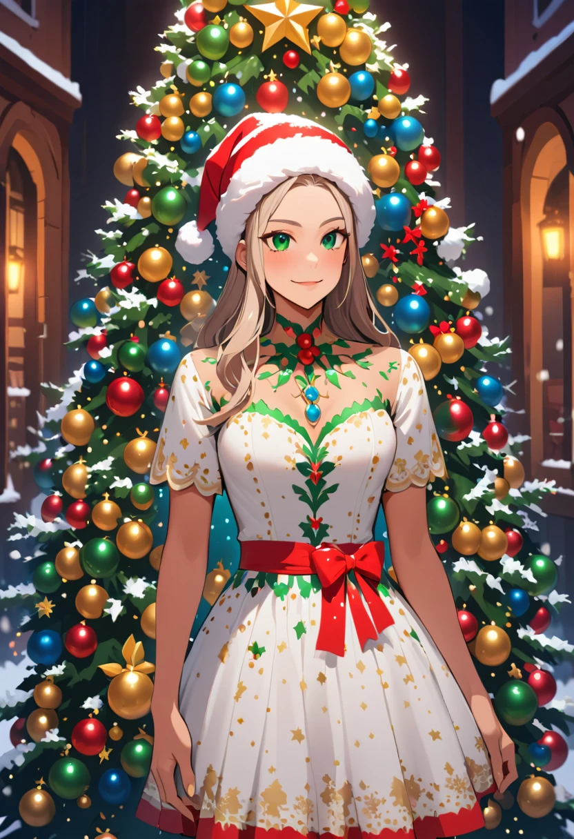 Chica anime con vestido rojo de Navidad junto a árbol brillante
