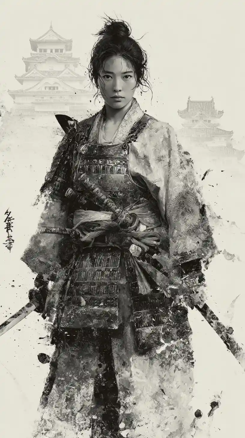 Ink style portrait of a calm female samurai warrior