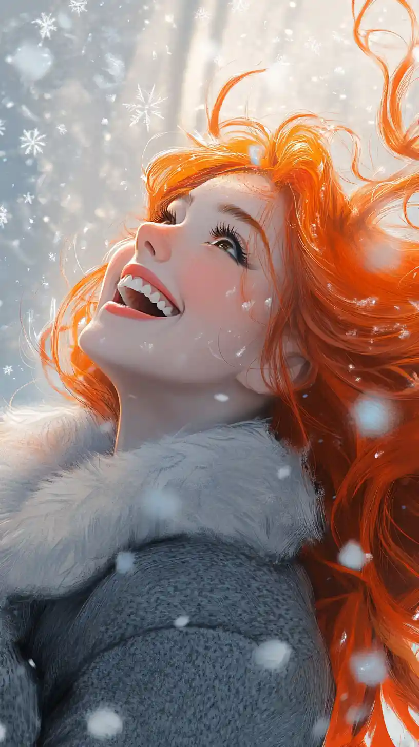 눈 내리는 가운데 웃는 빨간 머리 소녀 클로즈업