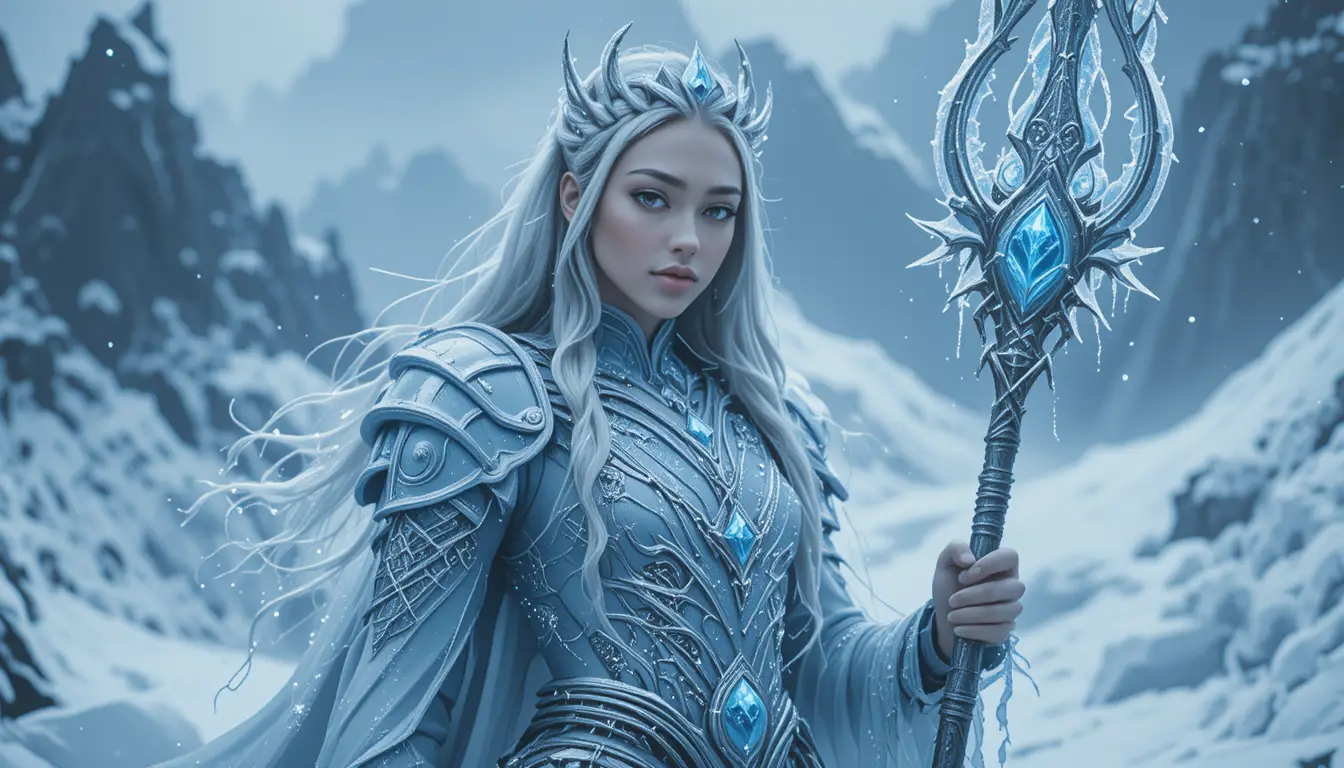 Ice warrior woman wielding a glowing frost staff