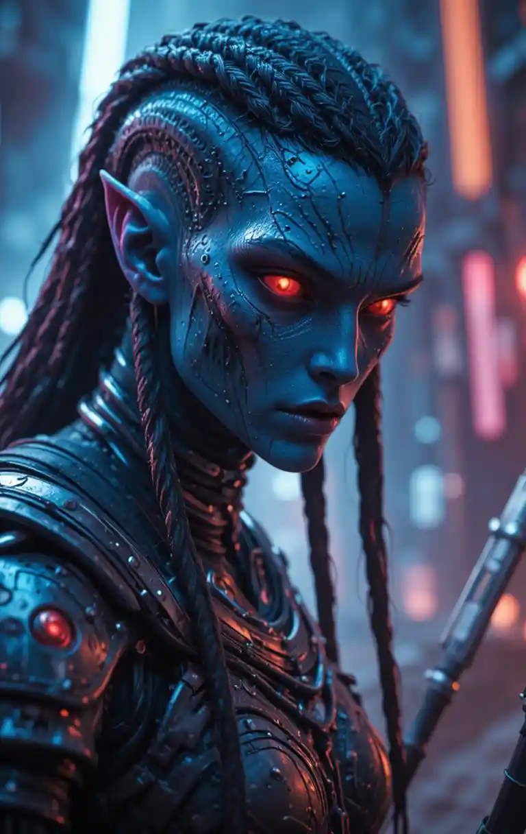 Close up of scarred alien warrior in neon sci fi armor