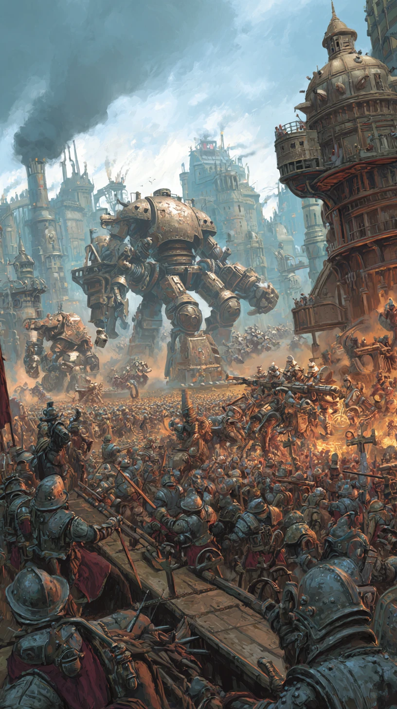 Steampunk-Schlacht mit Soldaten und kolossalen Kriegsmaschinen