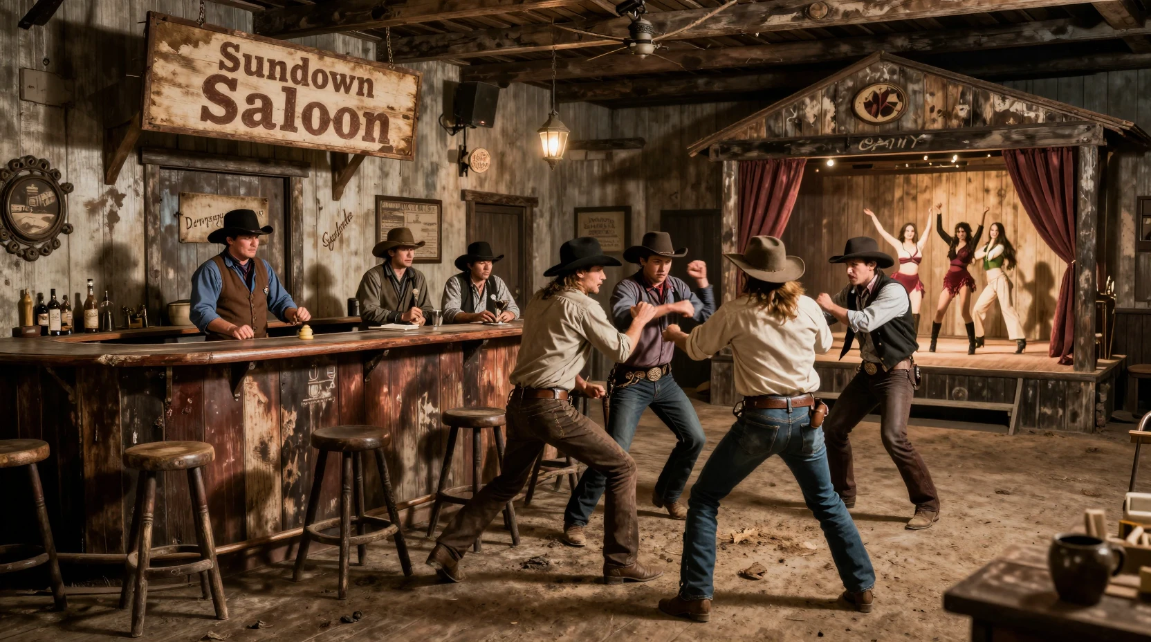 Briga de bar de cowboys em um saloon rústico do velho oeste