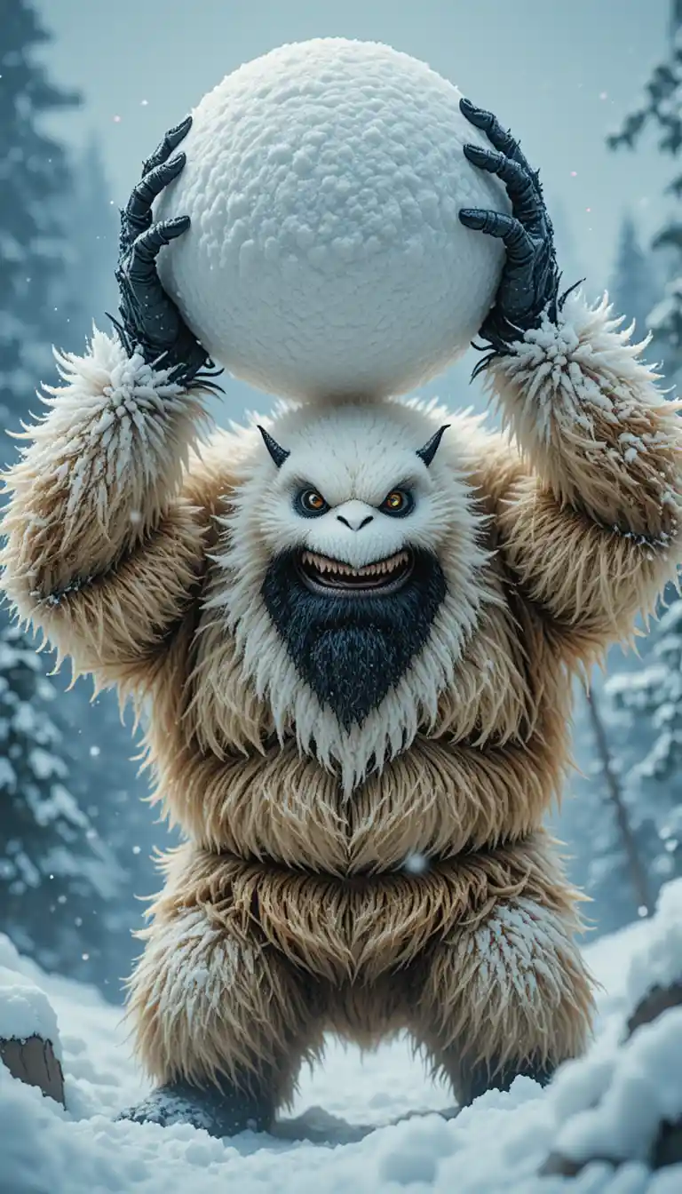 Giant white monster raising a massive snowball overhead