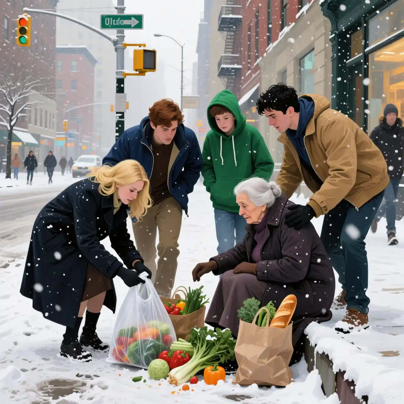 Young adults helping an elderly woman on a snowy city street