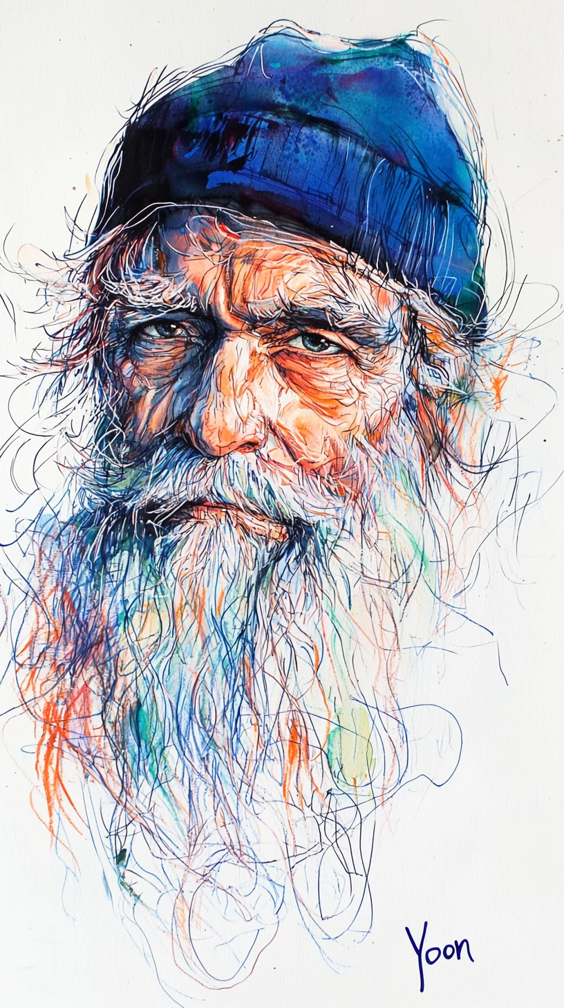 Ink portrait of an old bearded man in blue cap
