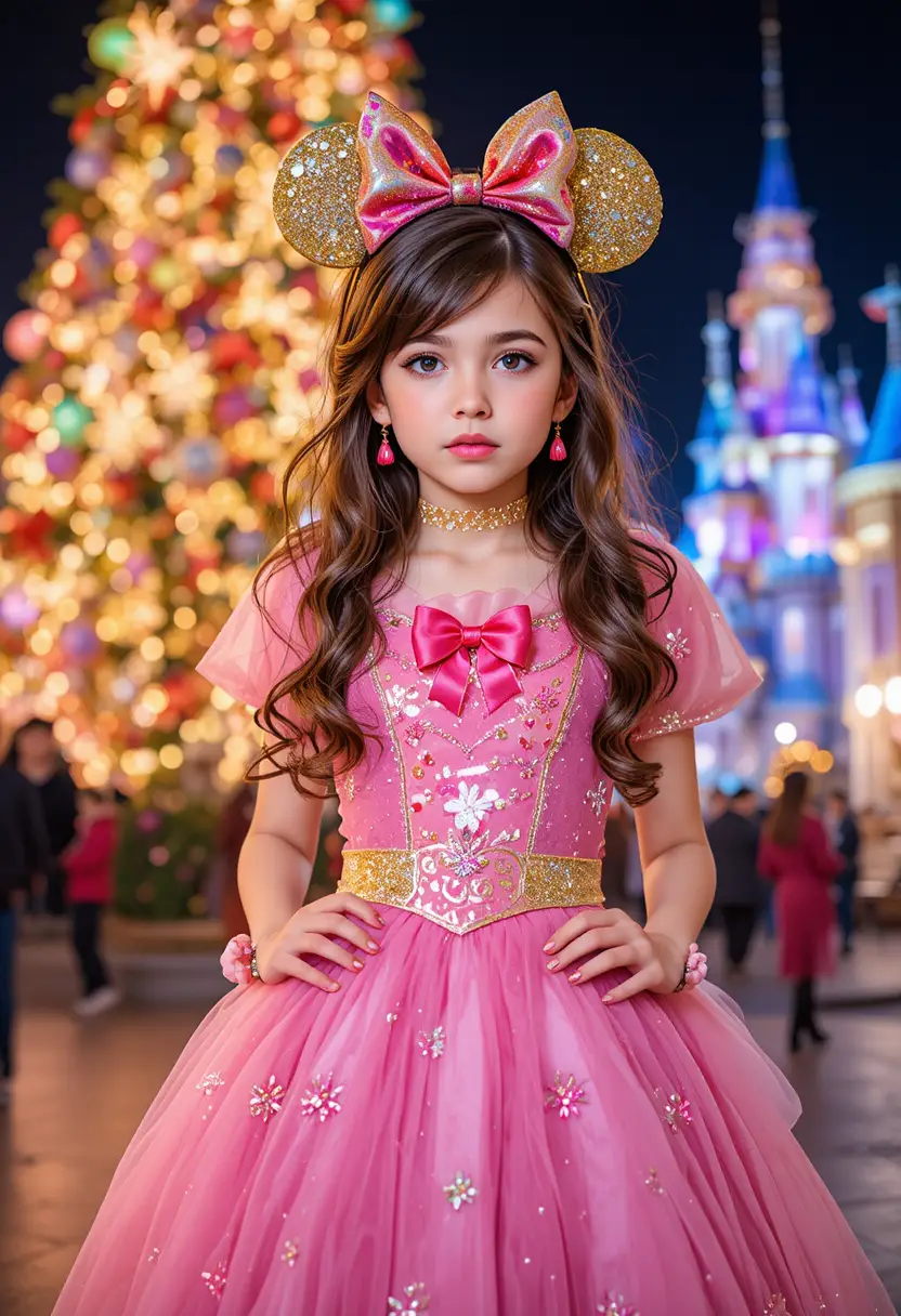 Tween boy in pink christmas dress at disney tree