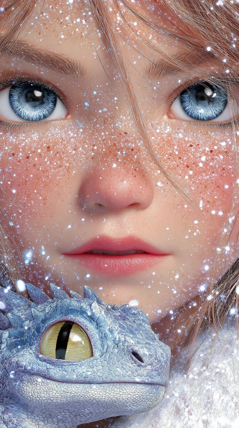 Junges Mädchen mit blauen Augen und kleinem Drachengefährten