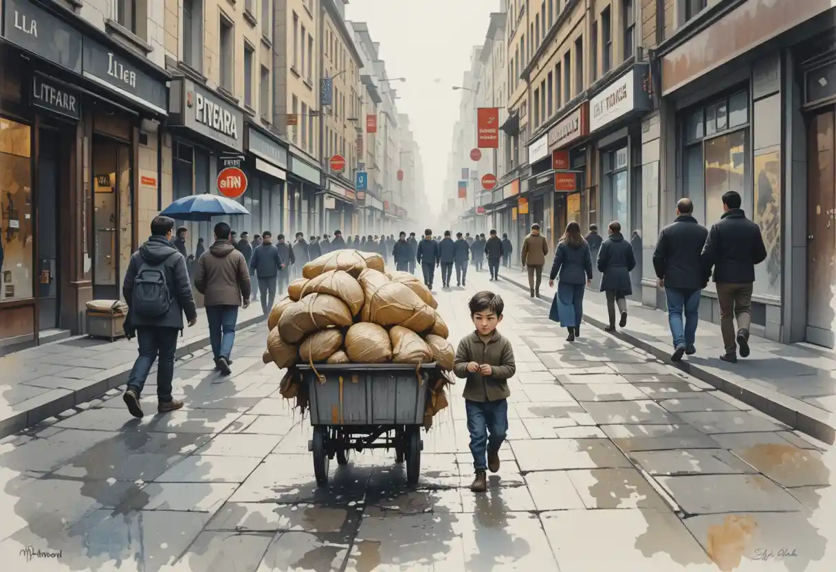 Watercolor child pushing heavy cart on wet city street