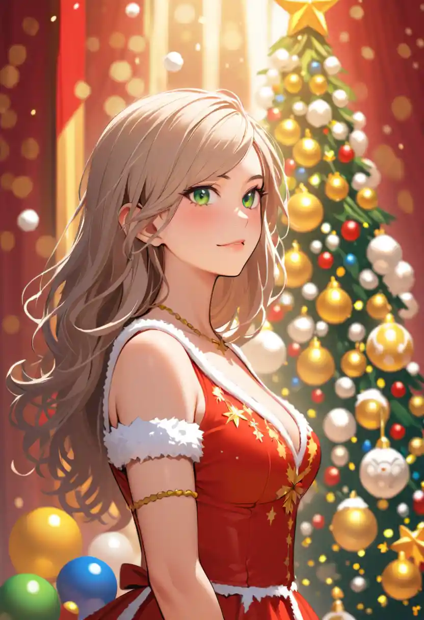 Donna anime con abito di Natale rosso accanto a un albero luminoso