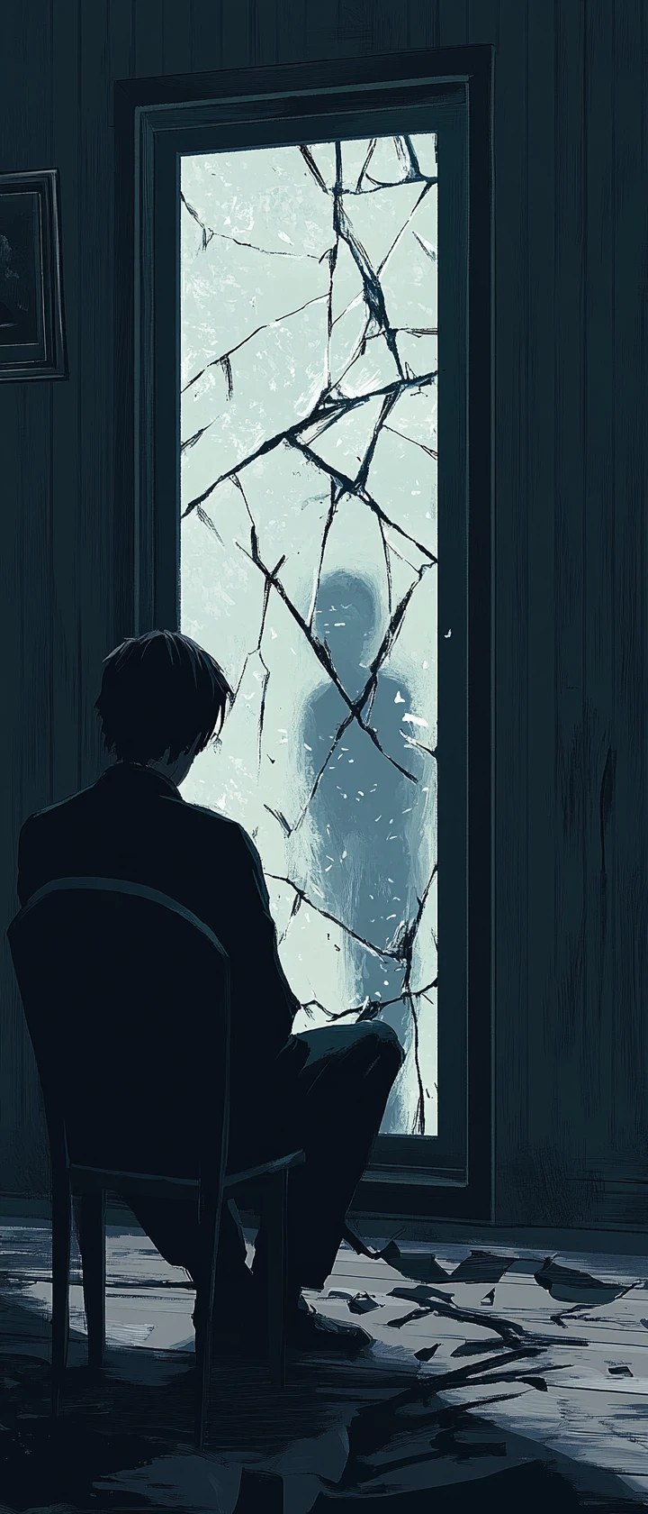 Lonely figure facing a cracked mirror of sad reflections