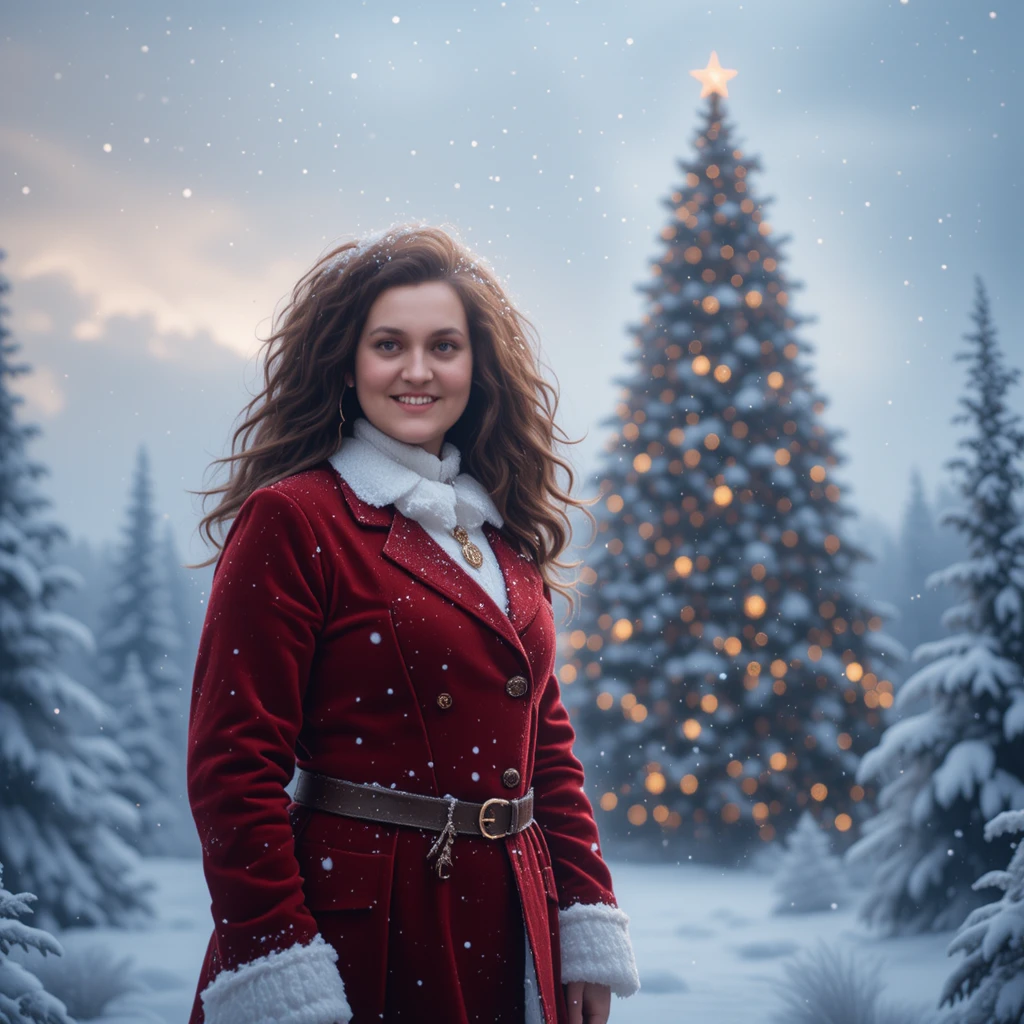 Smiling young woman in red suit in snowy winter scene