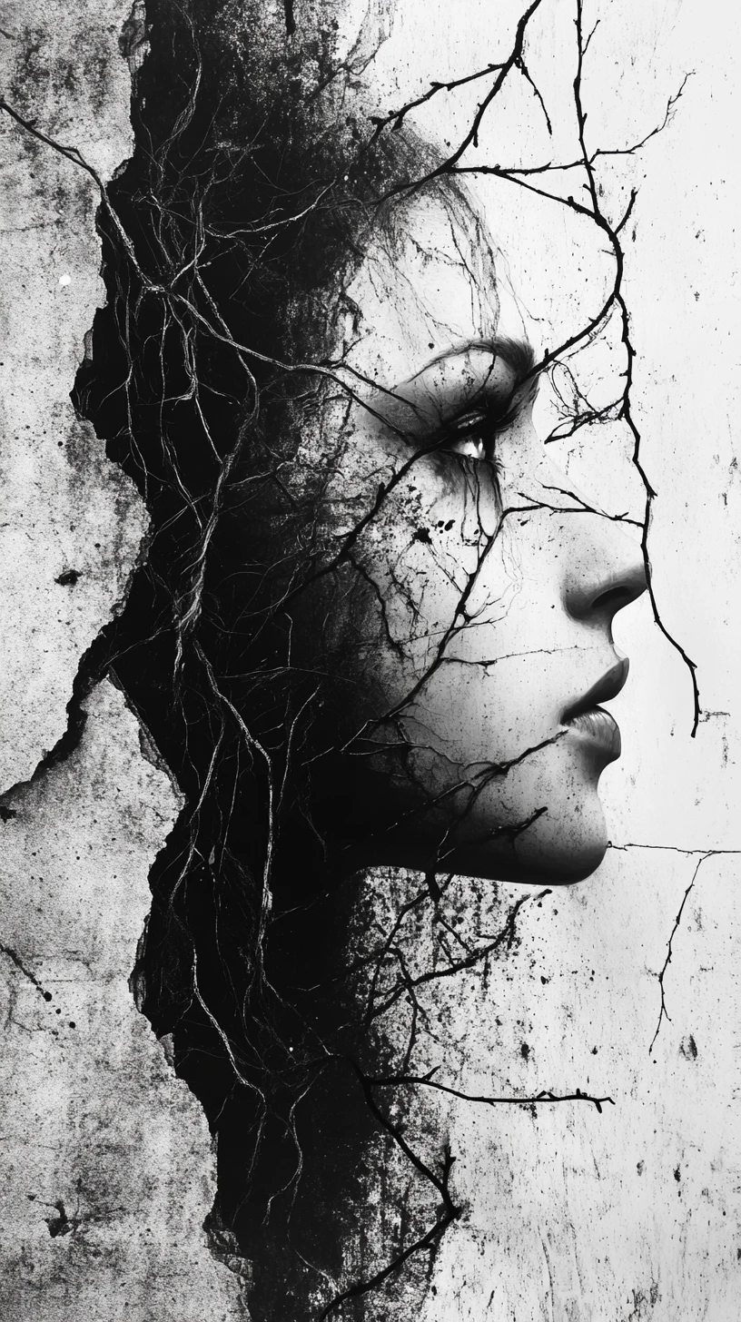 Ethereal woman emerging from a decaying concrete wall