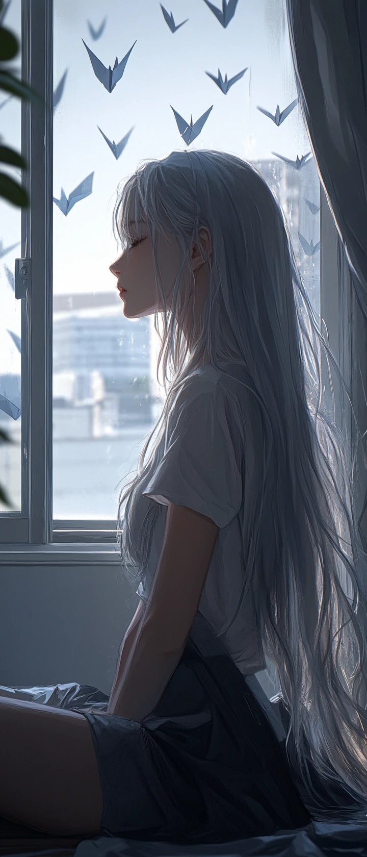 銀髮動漫女子與褪色的紙鶴之間