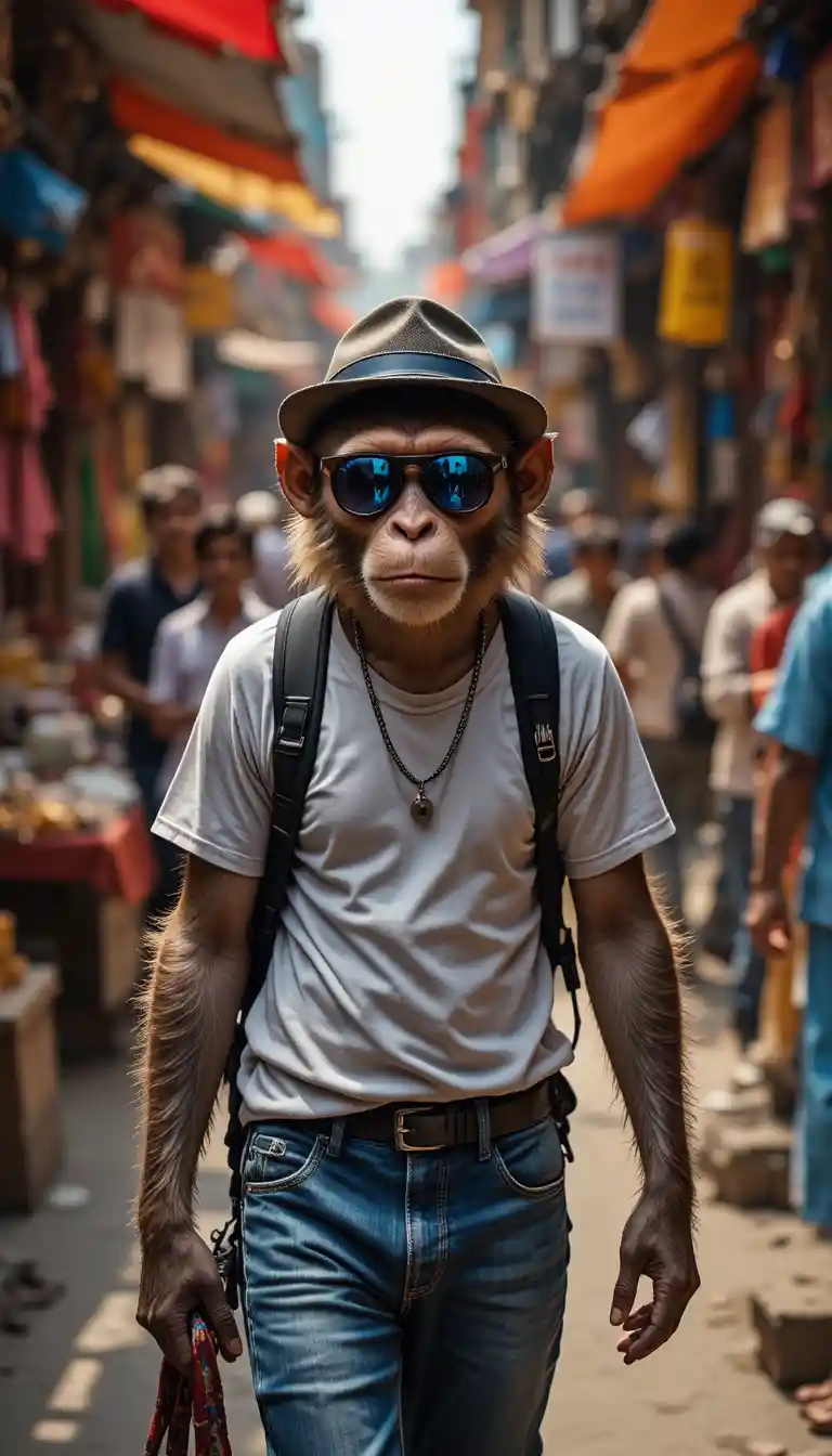 Confident monkey walking through a colorful Indian street market