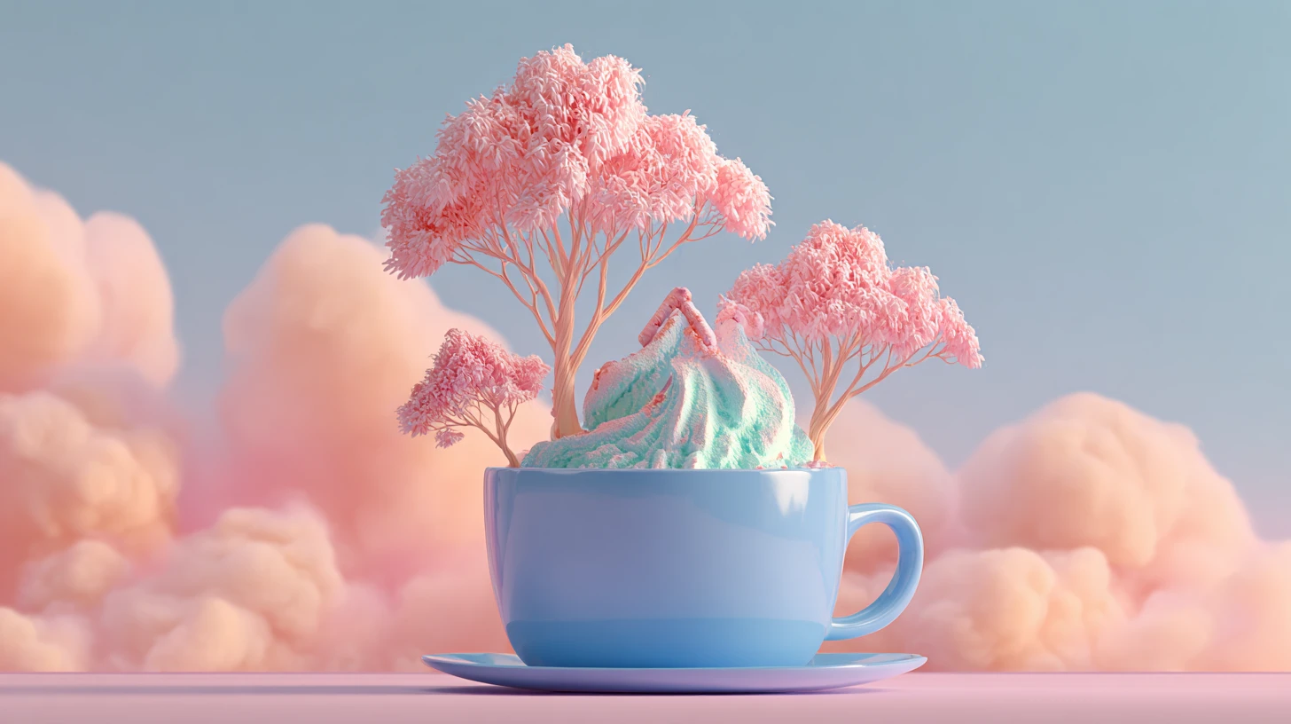 Paisaje de postre surrealista con árboles rosas flotantes y nube