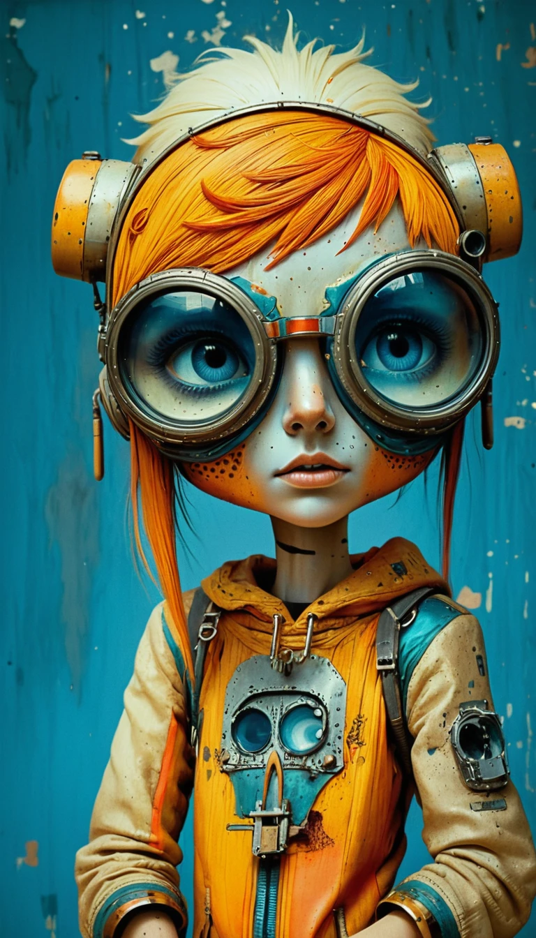 Expressionist portrait of eccentric figure in aviator helmet