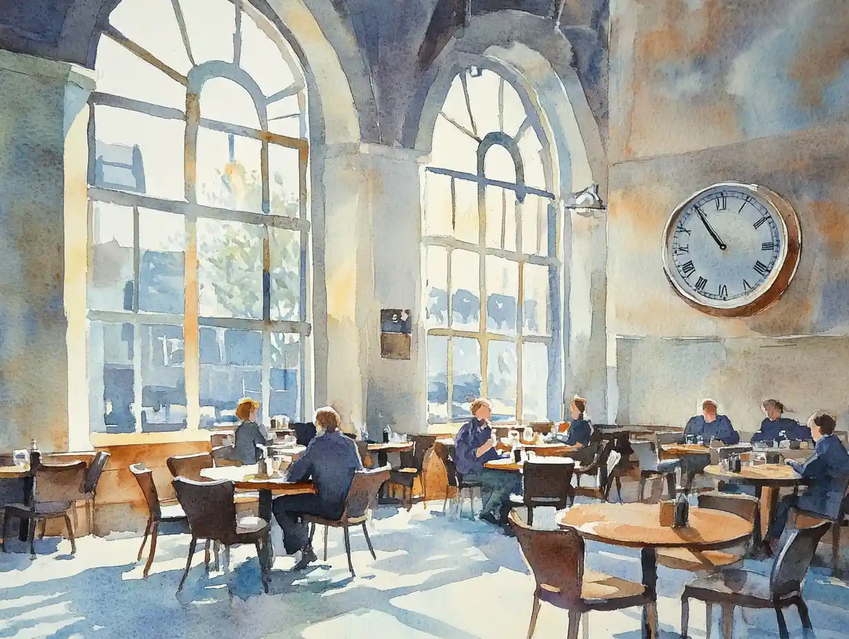 Interno di caffè ad acquerello con persone che parlano a tavoli rotondi