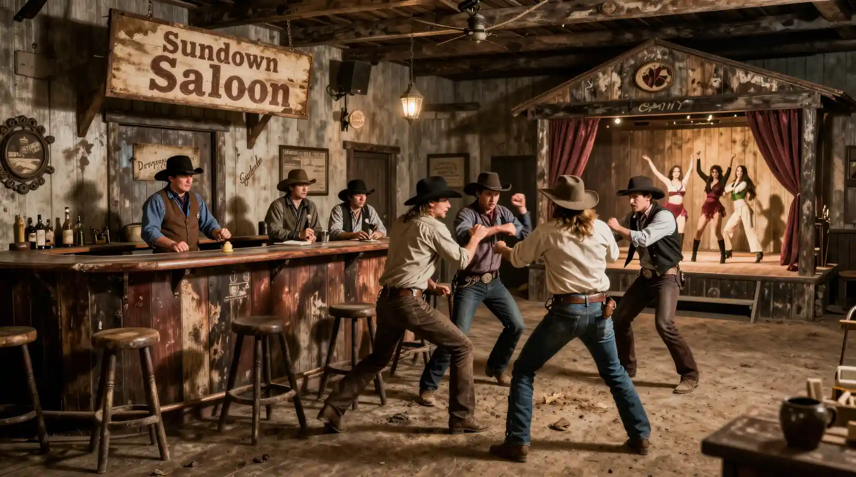 Wilde Cowboy-Schlägerei in einem rustikalen Western-Saloon