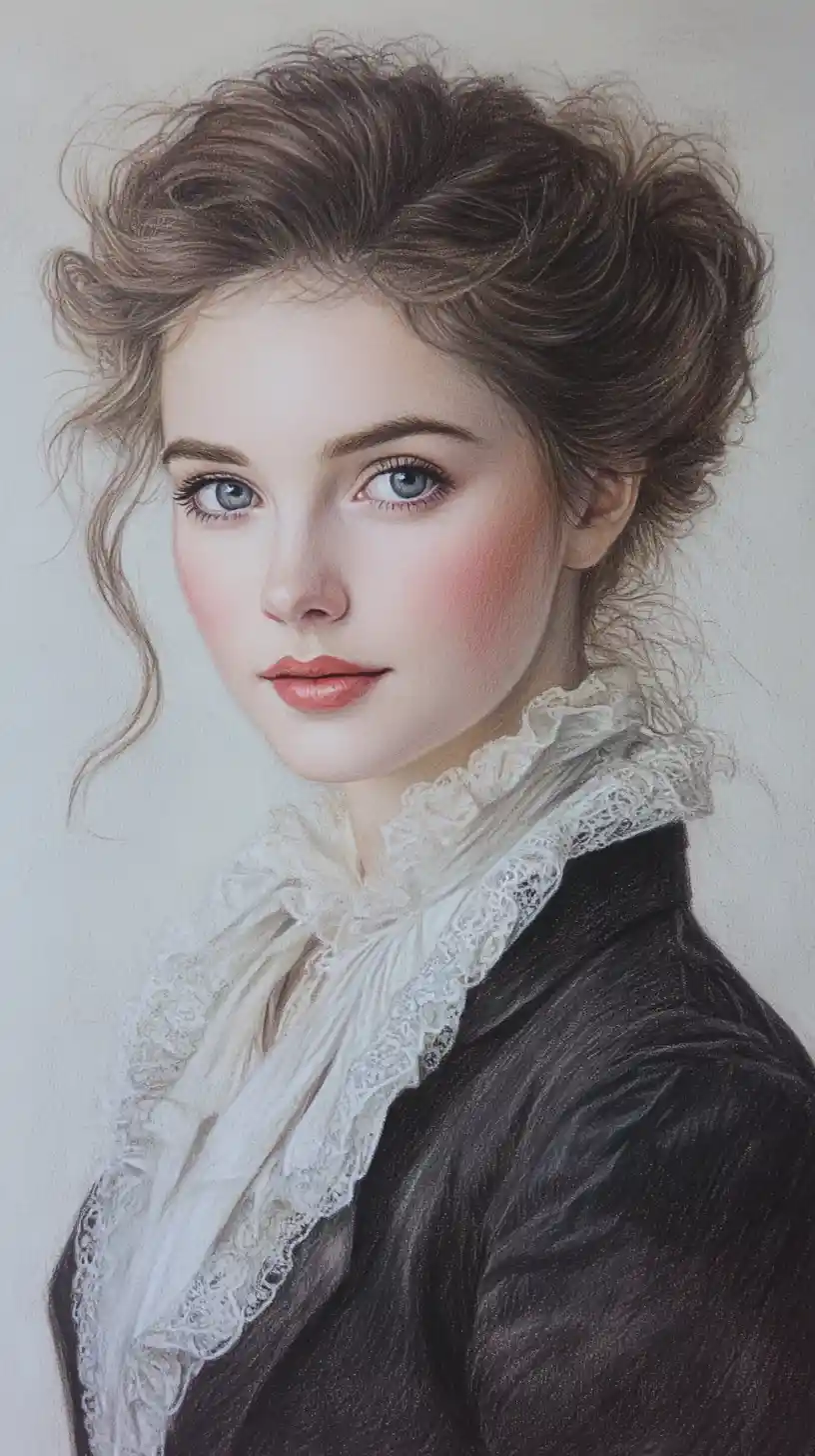 Portrait Regency d’une jeune femme romantique aux crayons de couleur