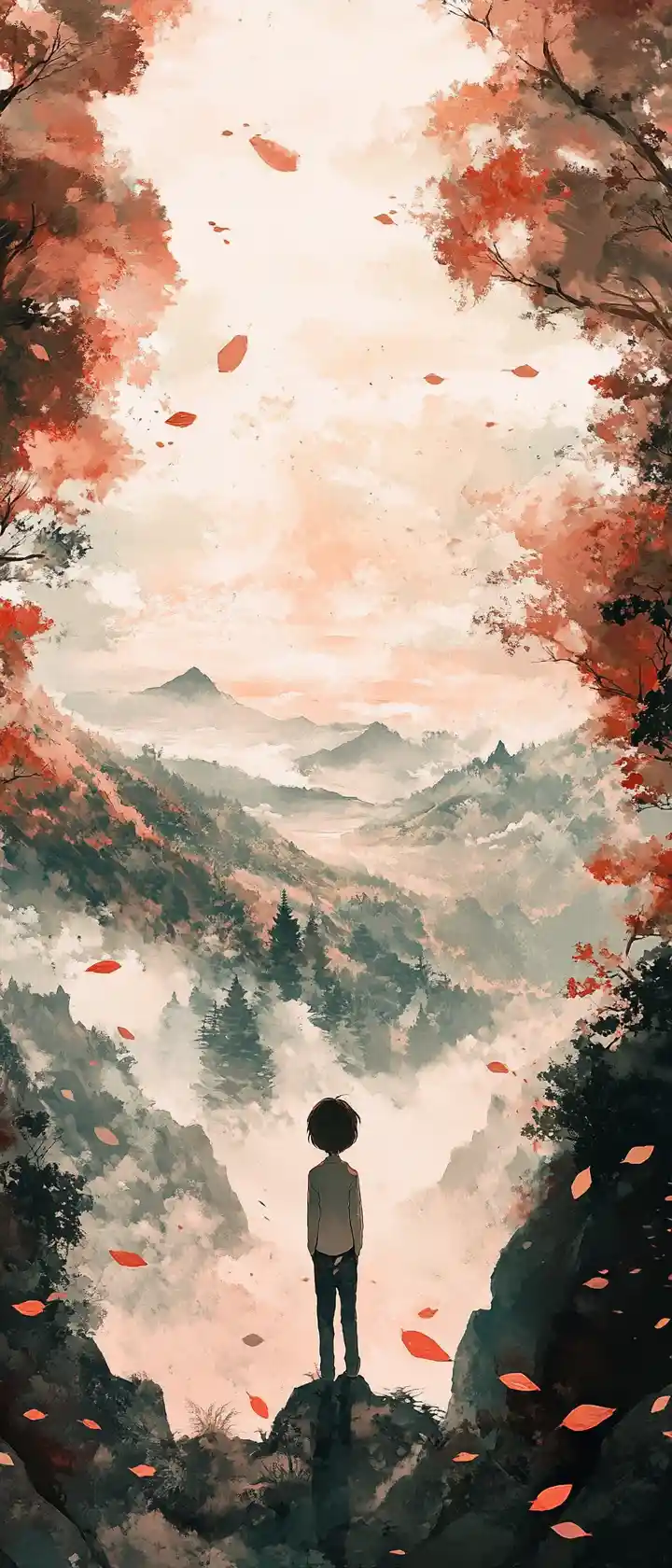 Anime child drawing in a serene abstract landscape scene