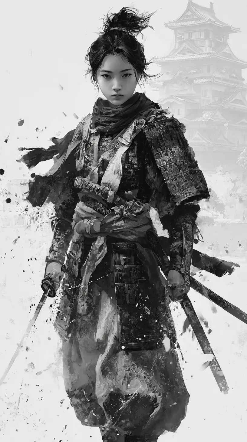 Monochrome portrait of a calm female samurai warrior
