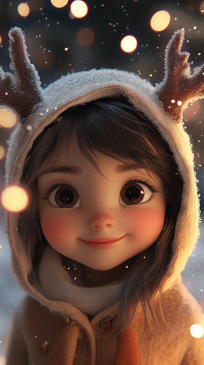 Smiling girl in reindeer hood amid softly falling snow