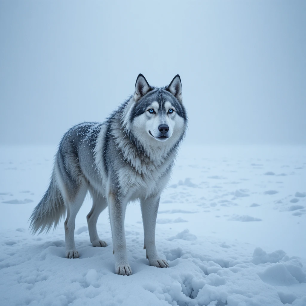 Einsamer Husky steht im Blizzard auf endloser gefrorener Tundra