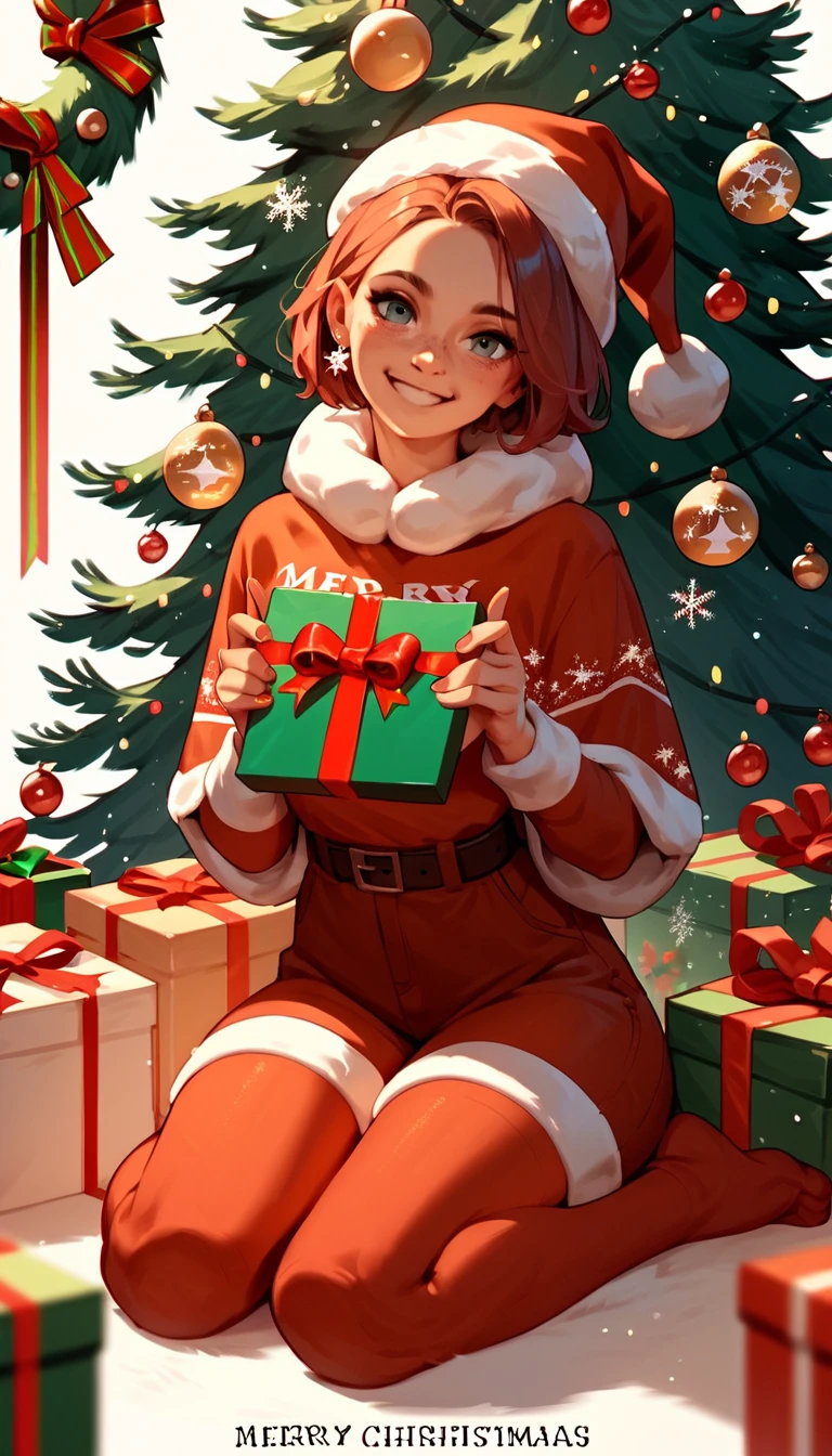 Dolce gattino di Natale seduto su un cartello Merry Christmas